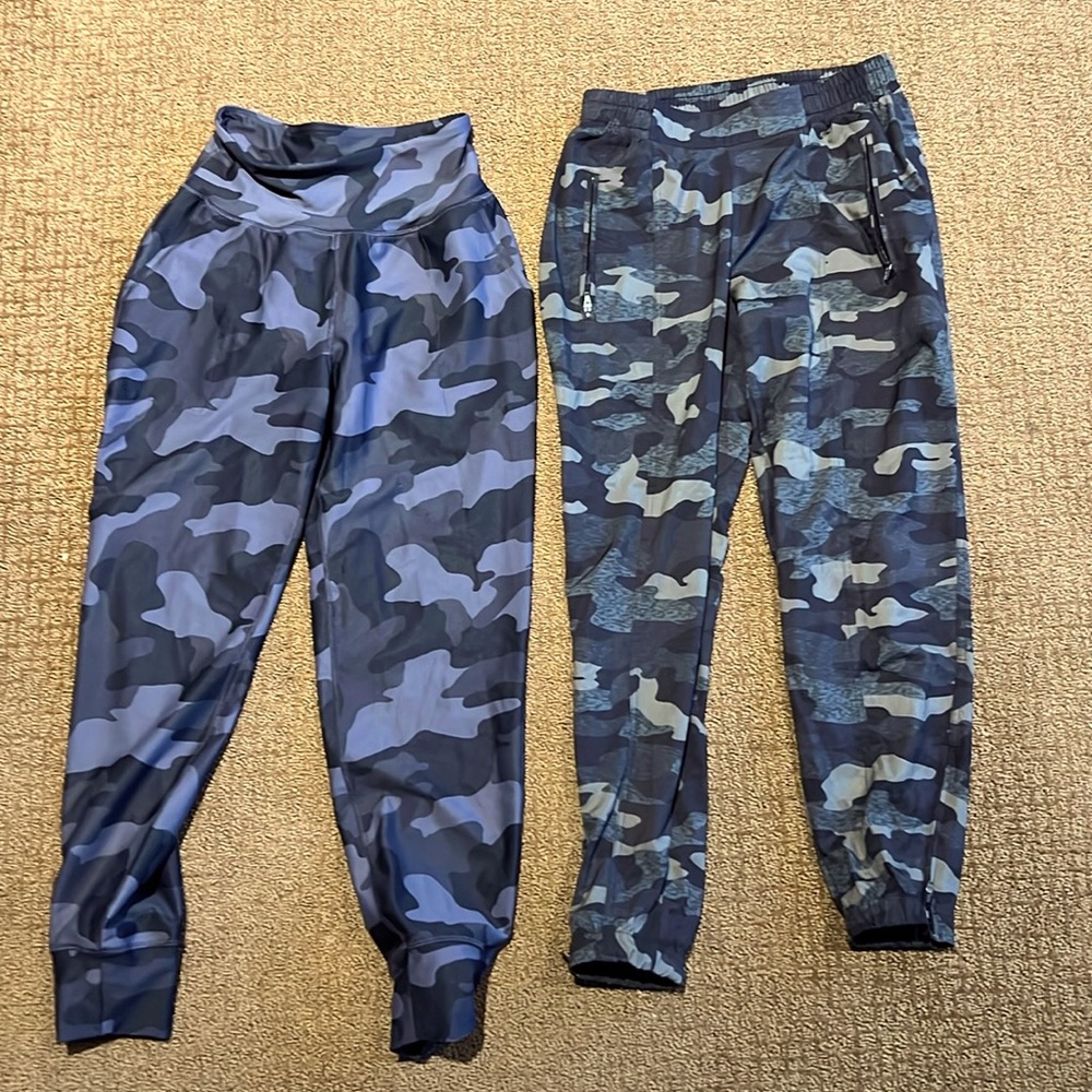 Blue camo and green camo pants